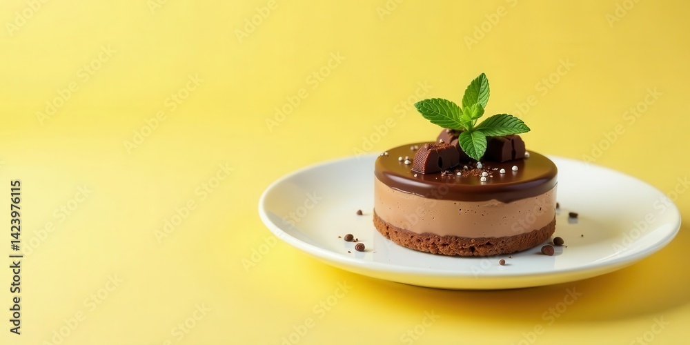 A delectable chocolate mousse dessert, elegantly presented on a pristine white plate, garnished with fresh mint and chocolate shavings, rests against a vibrant yellow backdrop. A delectable chocolate mousse dessert, elegantly presented on a pristine white plate, garnished with fresh mint and chocolate shavings, rests against a vibrant yellow backdrop.