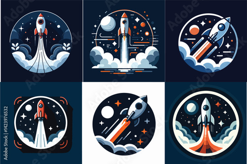 Rocket Launch Logos and Emblems Set