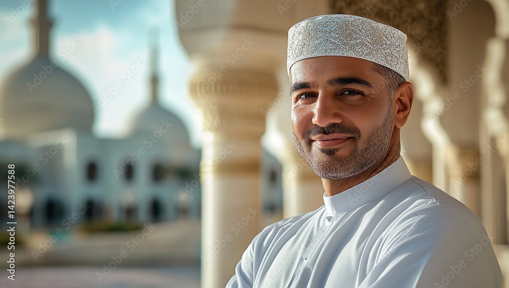 Smiling man in traditional Muslim attire in a mosque courtyard. Possible use Stock photo for cultural diversity, religious tolerance, travel Smiling man in traditional Muslim attire in a mosque courtyard. Possible use Stock photo for cultural diversity, religious tolerance, travel