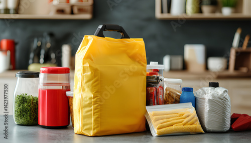 Disaster supply kit for ertnkuake on grey table indoors