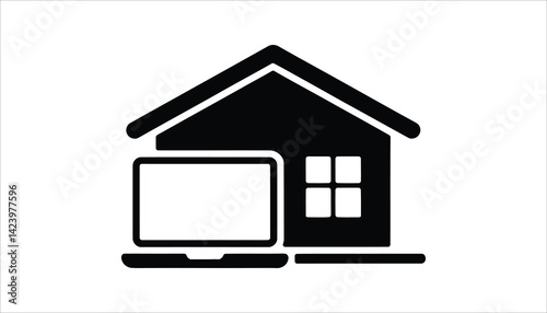 Work From Home Vector Icon with Laptop and House Silhouette