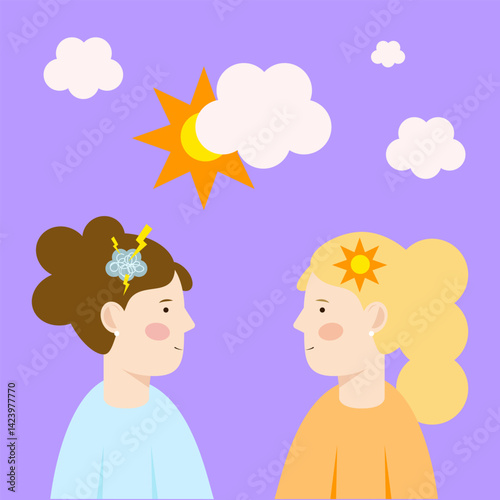 Vector illustration about girls with different worldview. Psychotherapy & Communication.