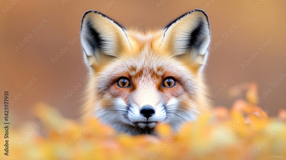 Obraz premium Close-up of a red fox peeking through autumn leaves