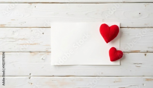 Two red heart-shaped cushions placed on a blank white card on a rustic wooden table