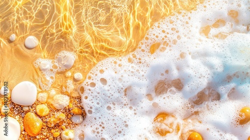 Gentle surf meeting golden shore, beach foam and sand pattern in soothing coastal palette