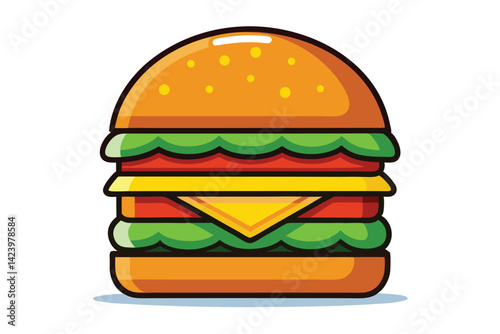 Cartoon Hamburger with Cheese, Tomato and Lettuce on Transparent Background