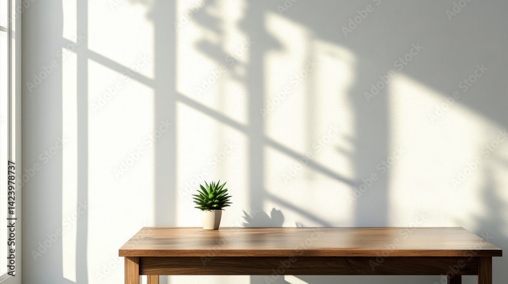 Fototapeta premium Sunlit interior with wooden table, potted plant, and shadow play