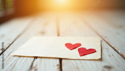 Two red paper hearts placed on a blank envelope on a wooden table with warm sunlight