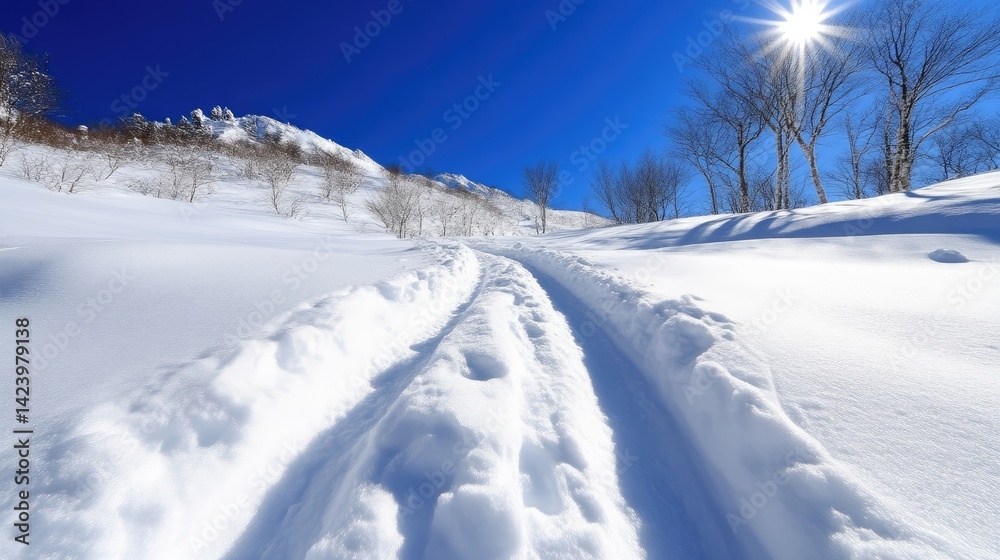 Pristine snow path winding through a snowy mountain landscape under a vibrant blue sky Pristine snow path winding through a snowy mountain landscape under a vibrant blue sky