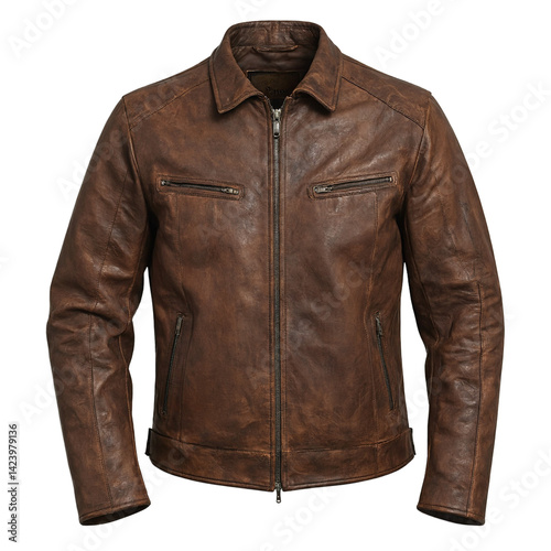 Isolated brown distressed vintage leather motorcycle jacket on white background