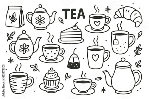 Vector line art icons featuring tea, pastries, and teapots in a charming design for cafes and tea lovers