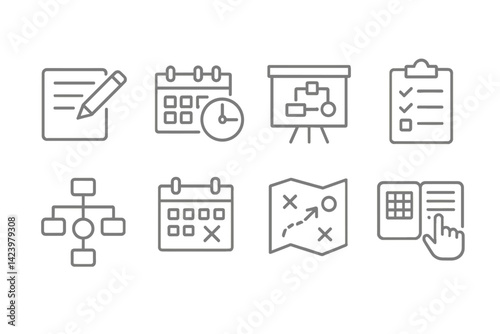 Vector line icons depicting planning and organization tools for project management, time management, and tracking tasks