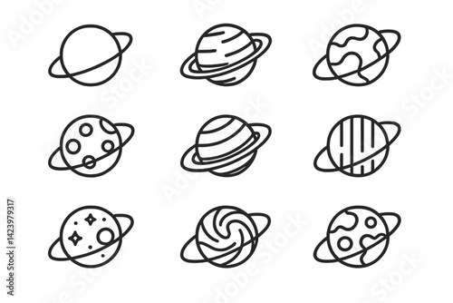 Collection of vector line icons depicting various planets in outer space with unique designs and features