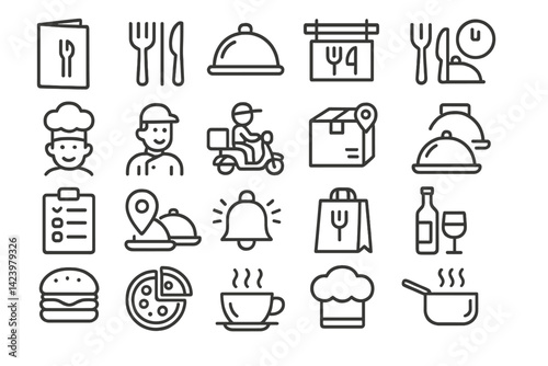 Vector line set icon collection featuring food delivery, dining essentials, and culinary activities for restaurant visuals