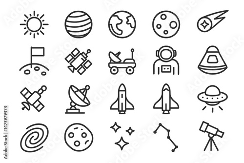 Explore the universe with a collection of vector line set icons representing space, planets, and celestial activities