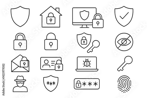 Vector line set icons depicting security, privacy, and protection symbols relevant for digital and physical safety