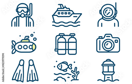 Diverse vector line icons representing underwater activities, marine exploration, and photography gear relevant to diving experiences