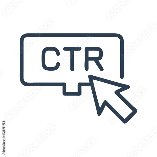 CTR icon — click-through rate concept with arrow cursor and label in dark blue line style