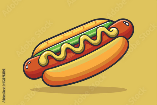 Cartoon Hotdog with Mustard, Ketchup, and Relish on Yellow Background