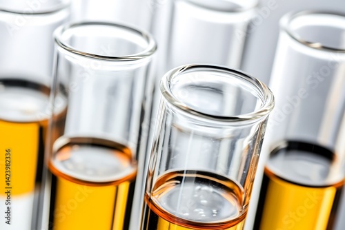 Close-up view of several test tubes filled with amber liquid.