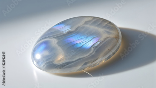 Polished moonstone cabochon with blue adularescence on a white surface photo