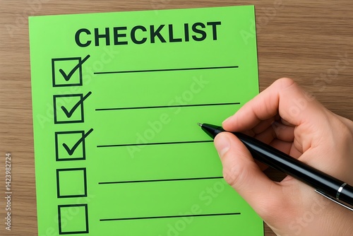 A hand completing a bright green checklist with check marks. This image symbolizes productivity, organization, and task management. Ideal for business presentations and planning.