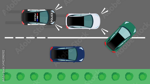 Dangerous Lane Change by Sedan Car. Highway Traffic Violation with Police, Road Safety and Driving Rules Concept – Vector Illustration