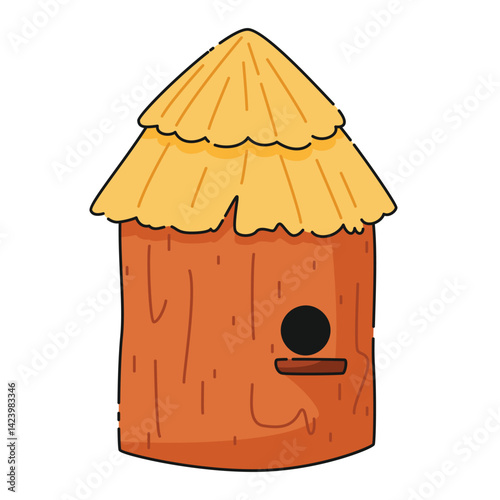 Round wooden house made of stump and straw. Cartoon cute beehive for a swarm of honey bees