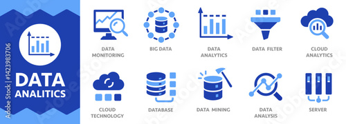 Data analytics icons set. Data analysis symbols. Flat icon. Vector illustration