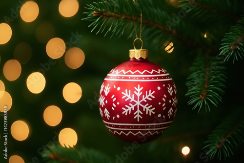 A beautiful red Christmas ornament hangs delicately on a pine tree branch, surrounded by soft, glimmering lights, capturing the essence of festive cheer and holiday spirit.