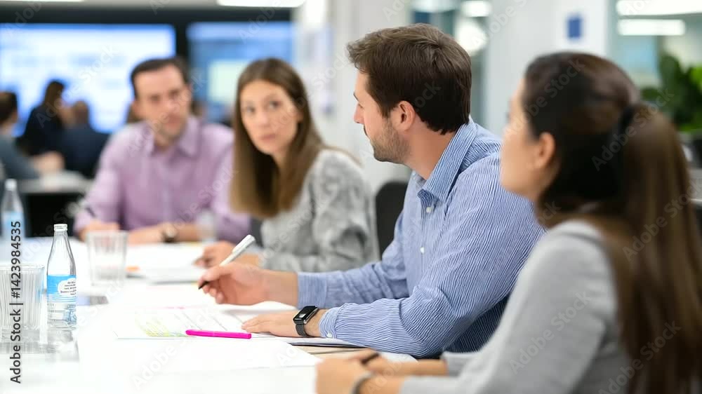 Team brainstorming in a sleek, contemporary boardroom setting. Team brainstorming in a sleek, contemporary boardroom setting.