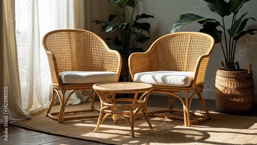 Natural light drapes gently over cane furnitures soft golden weave