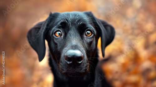 Wallpaper Mural Close up headshot of a black labrador retriever dog looking at camera with blurry autumn leaves background. Loyal companion and pet portrait. Torontodigital.ca