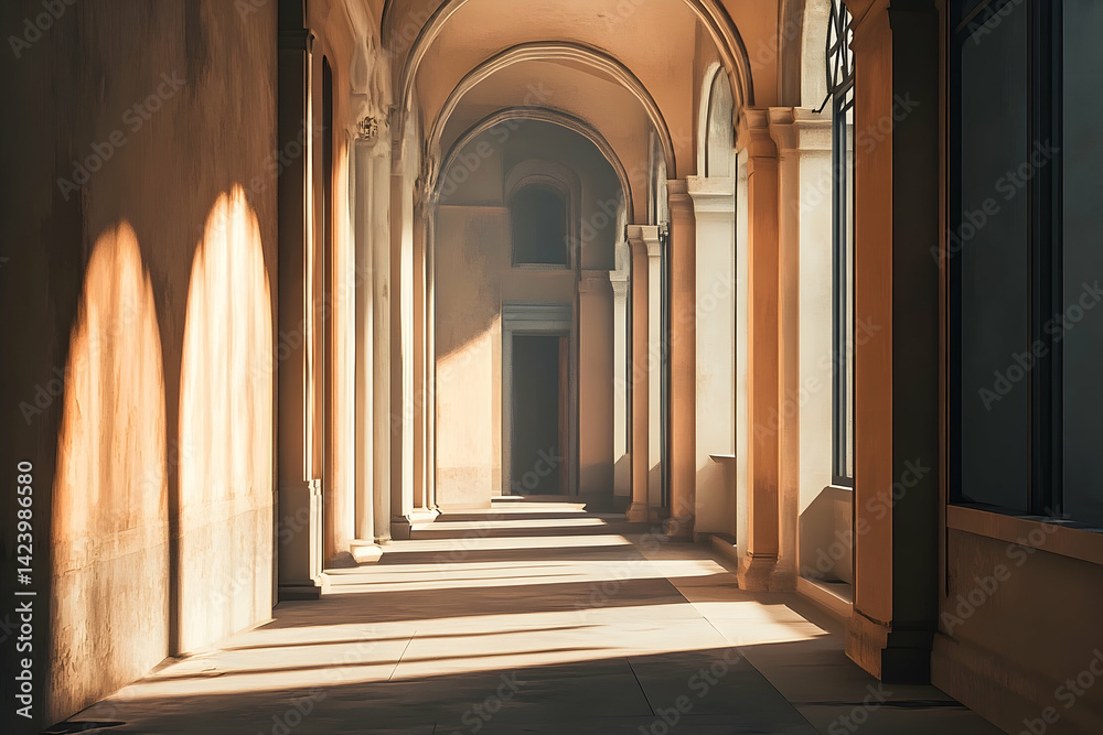 Obraz premium Sunlight streams through an ancient colonnaded hallway.