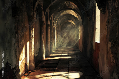 Sunbeams illuminate a crumbling, ancient corridor. photo