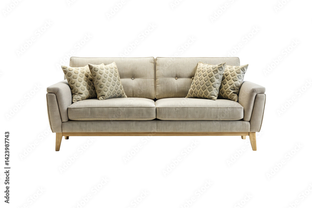Obraz premium Beige Two Seater Sofa with Patterned Pillows on a White Background