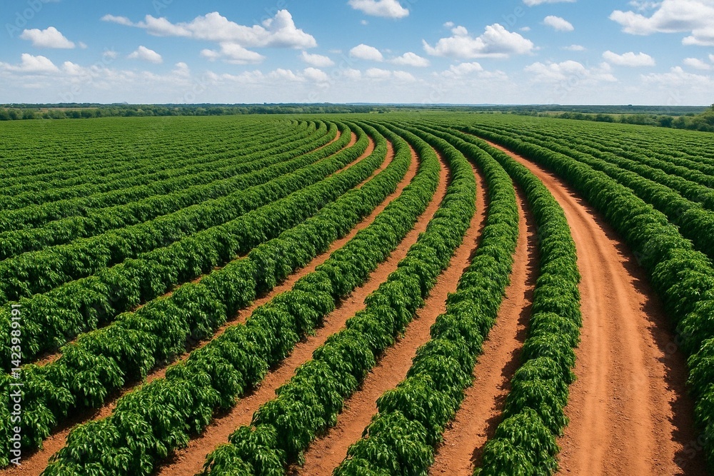 Aerial view of a large Brazilian coffee plantation with curved rows