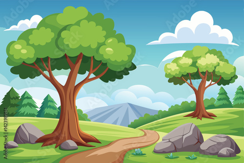 Cartoon Landscape with Trees, Rocks, Path, Green Grass and Blue Sky