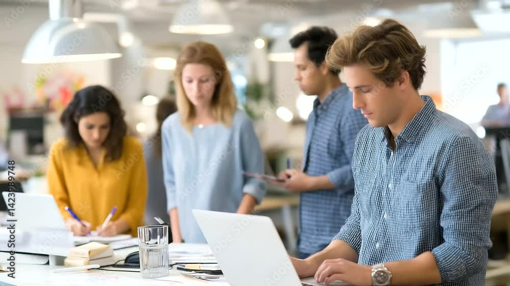 Energetic team of young professionals brainstorming in a sleek, contemporary workspace. Energetic team of young professionals brainstorming in a sleek, contemporary workspace.