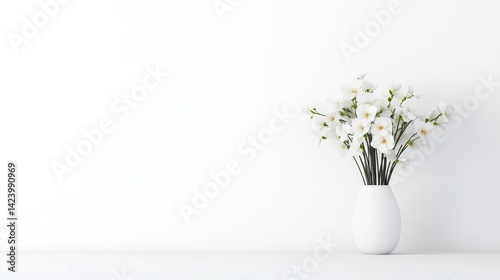 Wallpaper Mural A simple white vase holds a bouquet of delicate white flowers against a minimalist white wall. Torontodigital.ca