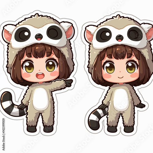 Two stylized chibi girls wearing lemur costumes, showing different poses, in a digital illustration.