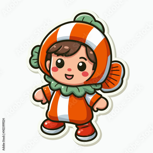 A cheerful cartoon girl, dressed as a clownfish, with a playful expression.