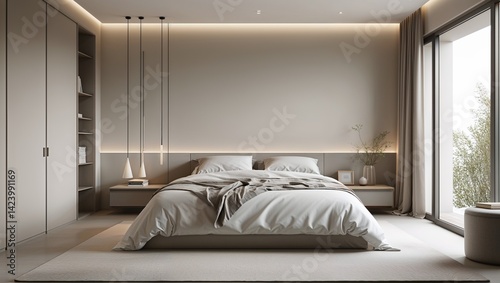 Neutral hues and simple forms create a tranquil minimalist bedroom