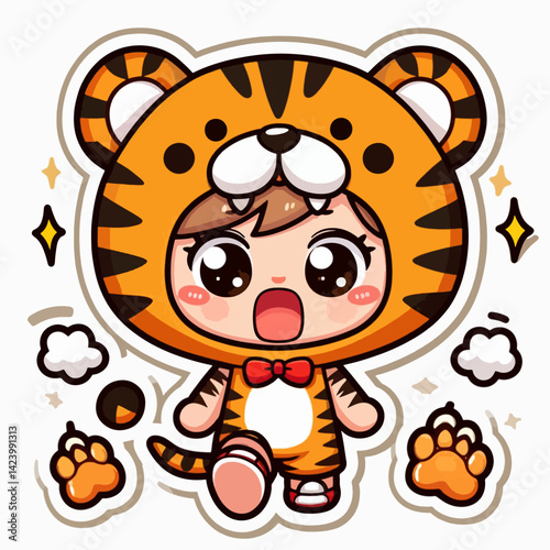 A cartoon girl in a tiger costume, displaying an excited expression, surrounded by decorative elements.