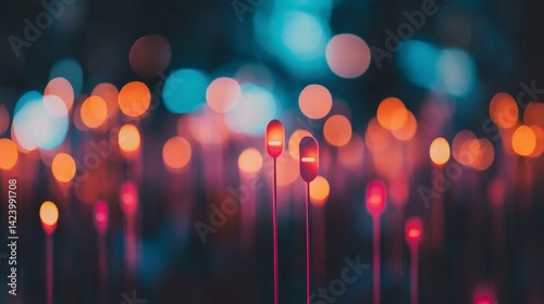 Abstract image of glowing lights at night, bokeh effect, warm and cool tones
