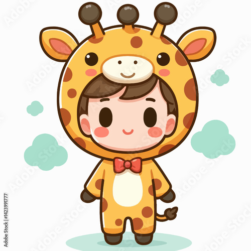 A cartoon child is wearing a charming giraffe costume, smiling happily.