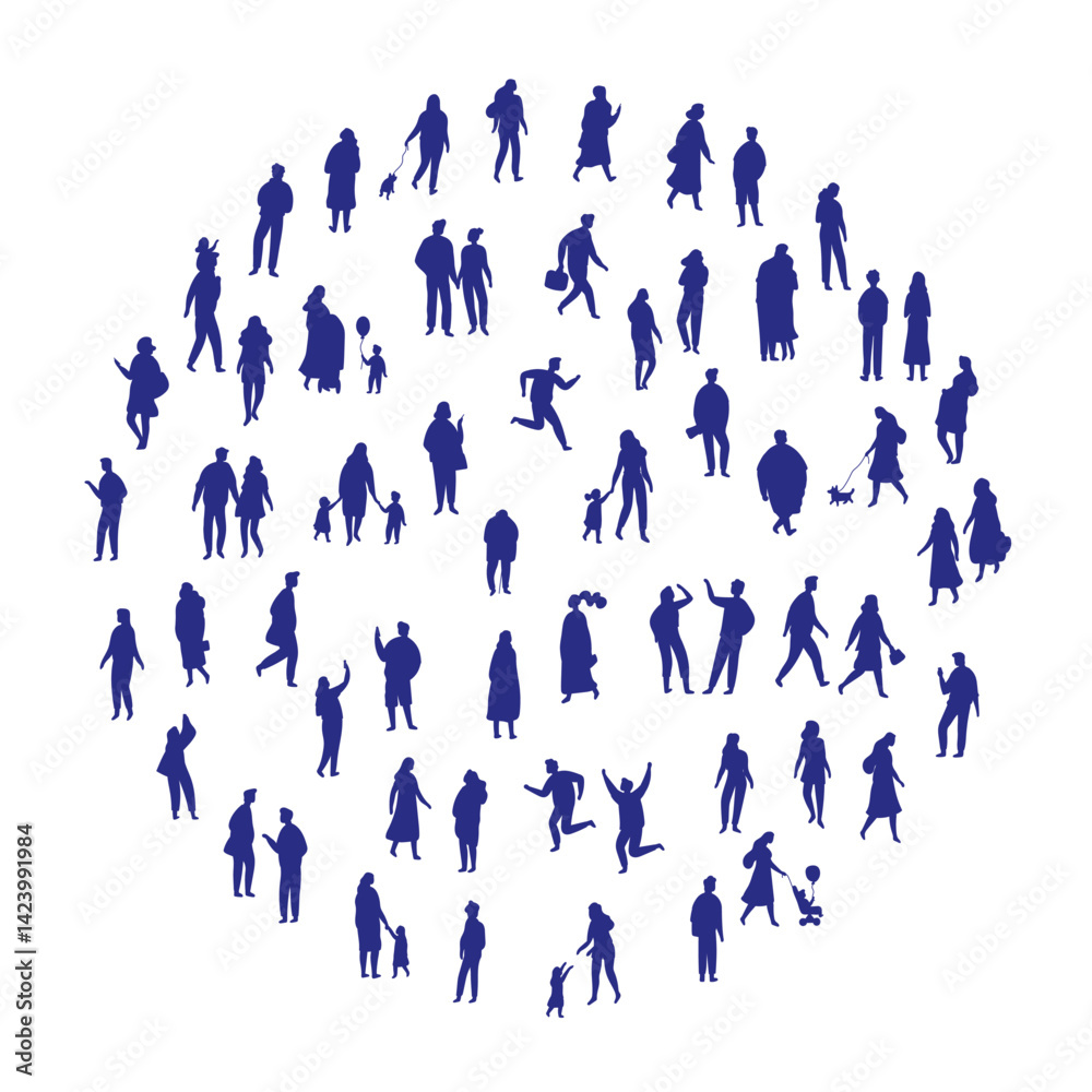 City People walking outdoor black silhouettes isolated on white background