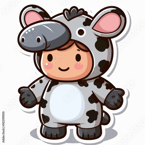 A cartoon child wearing a gray and white spotted giraffe costume, expressing a happy expression.