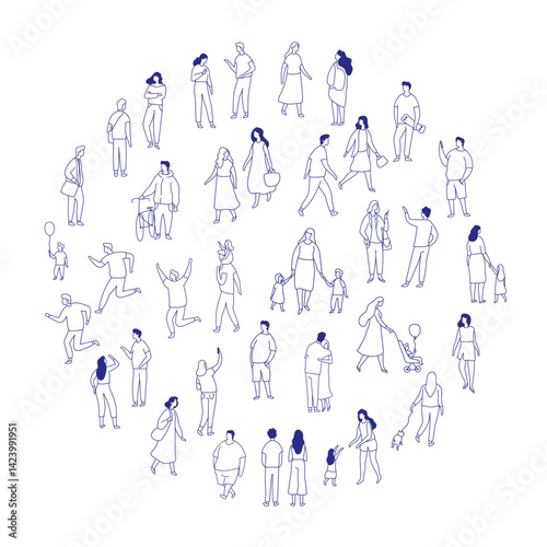 Line art city people crowd big bundle isolated on white. Hand drawn City People vector set. Male and female characters set	
