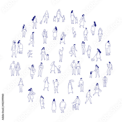 Line art vector of diverse city people. Men and women walking, standing, and interacting in everyday urban life. Perfect for lifestyle, community, and modern city projects.